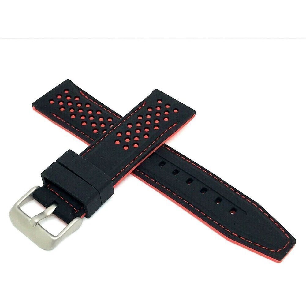 Mens Watch Band Replacement Black Red Rubber Strap 22mm Lug Silver Buck